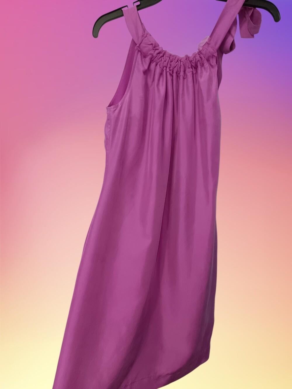 Lilac Orchid Purple 100% Silk Shift Dress Gathered Neckline Coquette Cottagecore